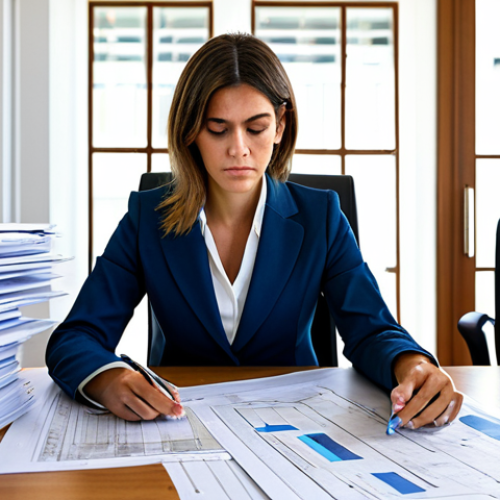 A determined professional woman, dressed in a modest business suit, sits at a large desk overflowing with architectural blueprints, official documents, and a laptop displaying complex regulatory charts. The modern office background hints at the intricate "regulatory labyrinth" of sustainable home renovation in Spain, with Spanish government building codes and municipal permits visible. The scene captures the meticulous "paper itinerary" and the challenge of "unearthing" essential information. The overall atmosphere conveys a sense of focused effort and determination in navigating bureaucratic processes. Fully clothed, appropriate attire, safe for work, professional, perfect anatomy, correct proportions, natural pose, well-formed hands, proper finger count, natural body proportions, high quality, professional photography.