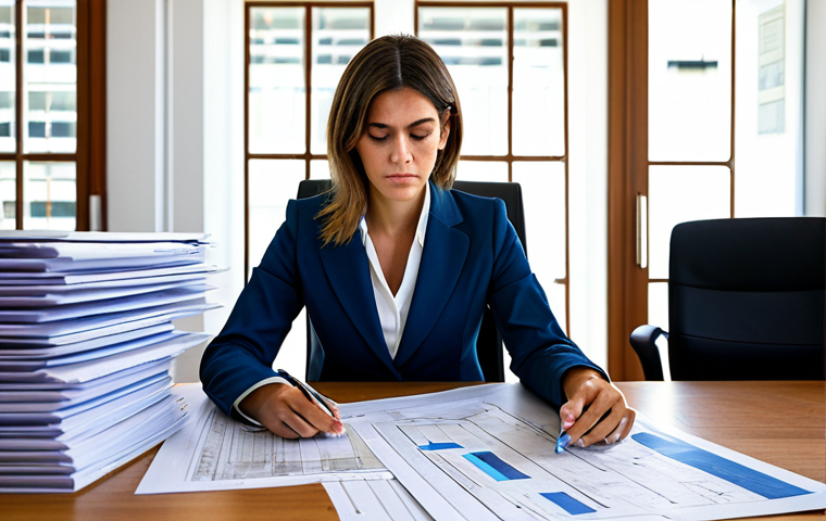 A determined professional woman, dressed in a modest business suit, sits at a large desk overflowing with architectural blueprints, official documents, and a laptop displaying complex regulatory charts. The modern office background hints at the intricate "regulatory labyrinth" of sustainable home renovation in Spain, with Spanish government building codes and municipal permits visible. The scene captures the meticulous "paper itinerary" and the challenge of "unearthing" essential information. The overall atmosphere conveys a sense of focused effort and determination in navigating bureaucratic processes. Fully clothed, appropriate attire, safe for work, professional, perfect anatomy, correct proportions, natural pose, well-formed hands, proper finger count, natural body proportions, high quality, professional photography.