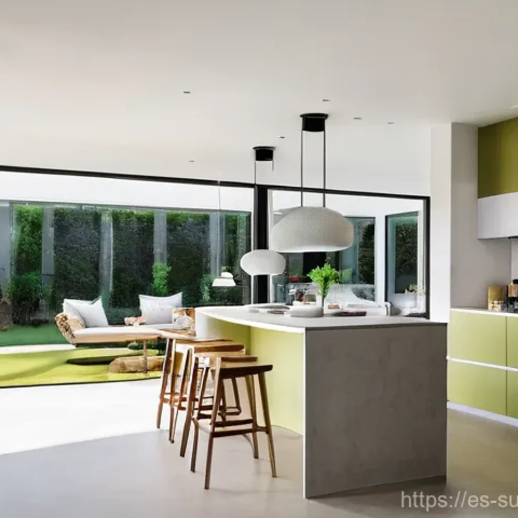 주택 리노베이션의 지속 가능성 관련 연구 - **Prompt 1: Modern Sustainable Kitchen & Living Area**
"A bright, open-concept kitchen and livin...