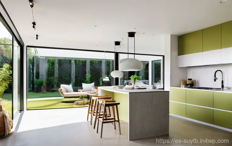 주택 리노베이션의 지속 가능성 관련 연구 - **Prompt 1: Modern Sustainable Kitchen & Living Area**
"A bright, open-concept kitchen and livin...