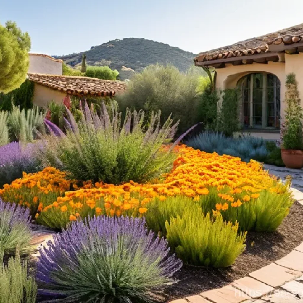 지속 가능한 조경 디자인 방법 - **"A vibrant, thriving Mediterranean-style garden showcasing a diverse array of native Spanish flora...