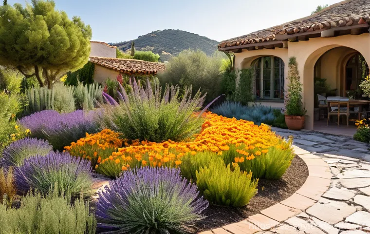 지속 가능한 조경 디자인 방법 - **"A vibrant, thriving Mediterranean-style garden showcasing a diverse array of native Spanish flora...