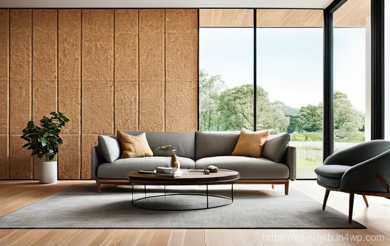 소음 감소를 위한 환경 친화적인 리노베이션 - **Prompt 1: Natural Cork Acoustic Serenity**
"A cozy, sun-drenched living room with a sophistica...
