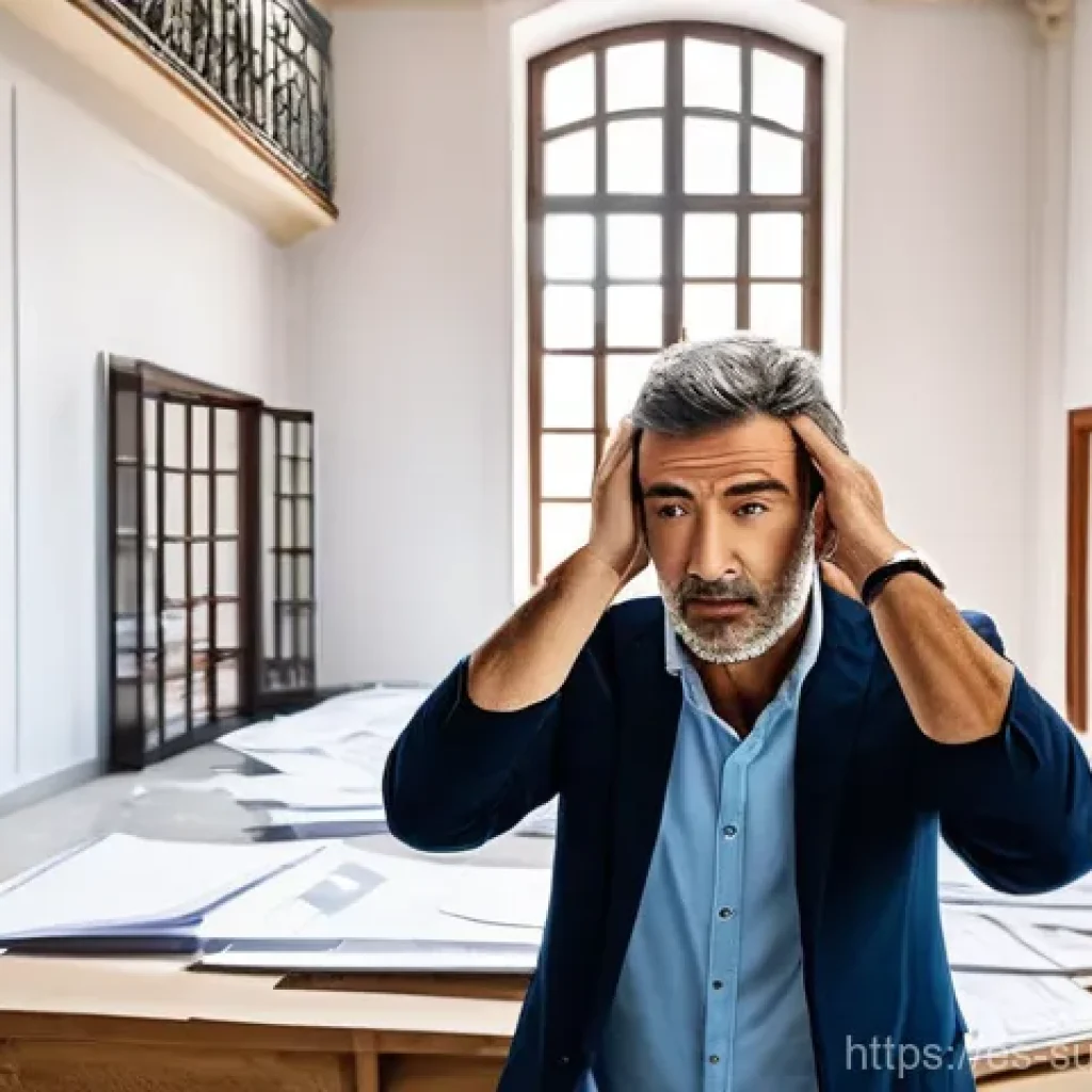 주택 리노베이션의 안전 및 법규 - **Bureaucratic Maze of Renovations in Spain:** A wide shot inside a stylized, slightly labyrinthine ...