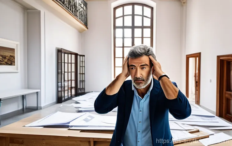 주택 리노베이션의 안전 및 법규 - **Bureaucratic Maze of Renovations in Spain:** A wide shot inside a stylized, slightly labyrinthine ...