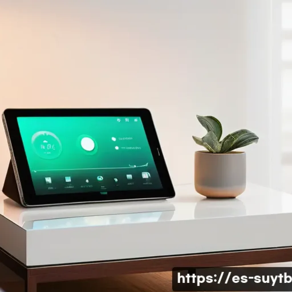 지속 가능한 홈 리노베이션을 위한 기술 혁신 - **Smart Home Serenity**
A photorealistic image of a cozy, modern living room bathed in soft, na...