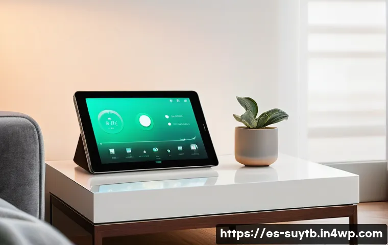 지속 가능한 홈 리노베이션을 위한 기술 혁신 - **Smart Home Serenity**
A photorealistic image of a cozy, modern living room bathed in soft, na...