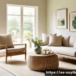 Home 21 환경 친화적인 가구 선택 가이드 - **Prompt 1: Serene Living Room with Certified Wood and Natural Fibers**
"A cozy, sunlit living r...