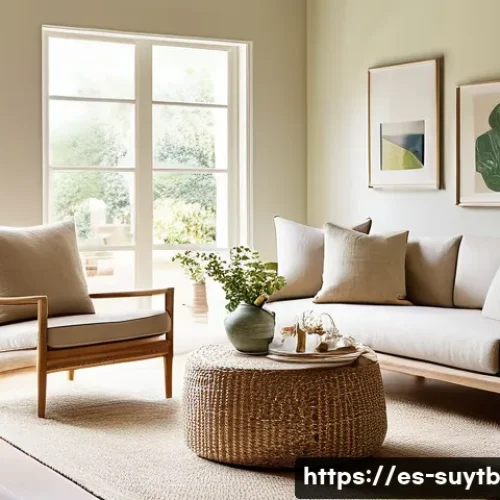 Home 33 환경 친화적인 가구 선택 가이드 - **Prompt 1: Serene Living Room with Certified Wood and Natural Fibers**
"A cozy, sunlit living r...
