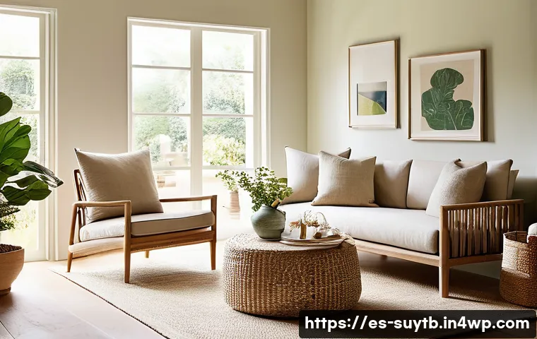 환경 친화적인 가구 선택 가이드 - **Prompt 1: Serene Living Room with Certified Wood and Natural Fibers**
"A cozy, sunlit living r...