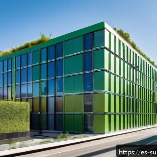 Home 17 녹색 인증을 받은 건축 자재 리스트 - A modern sustainable building facade in a vibrant Spanish cityscape, featuring integrated solar pane...