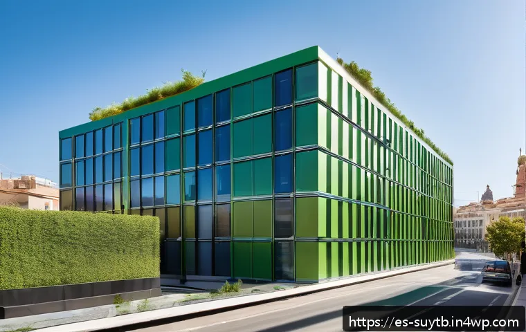 녹색 인증을 받은 건축 자재 리스트 - A modern sustainable building facade in a vibrant Spanish cityscape, featuring integrated solar pane...