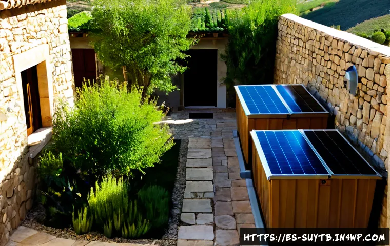 친환경 건축의 트렌드와 지속 가능성 - Photorealistic sustainable Mediterranean home in Spain, sunlit courtyard with solar panels, green ro...